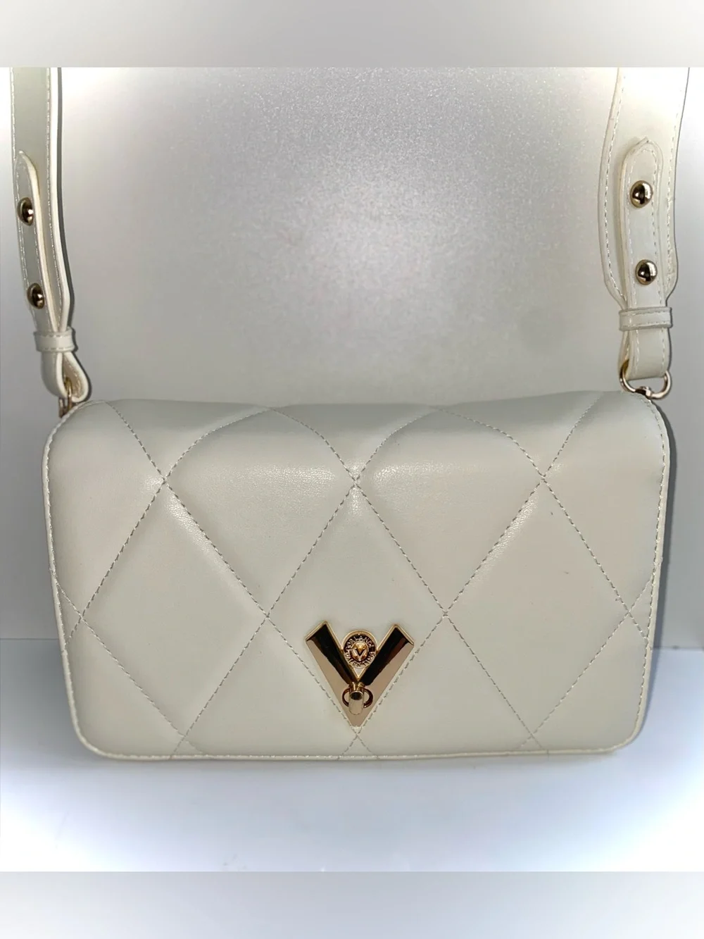 Valentino Orlandi Cream Quilted Shoulder Bag with Gold V Accent
